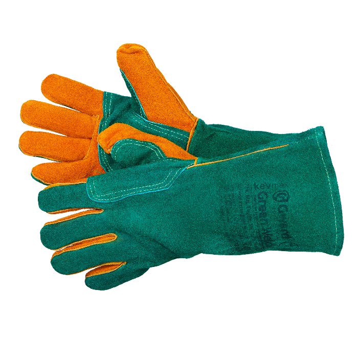 green_welder_utsenka.png Green Welder Краги из спилка зеленого цвета с усилением, прошиты огнеупорной нитью — изображение 1